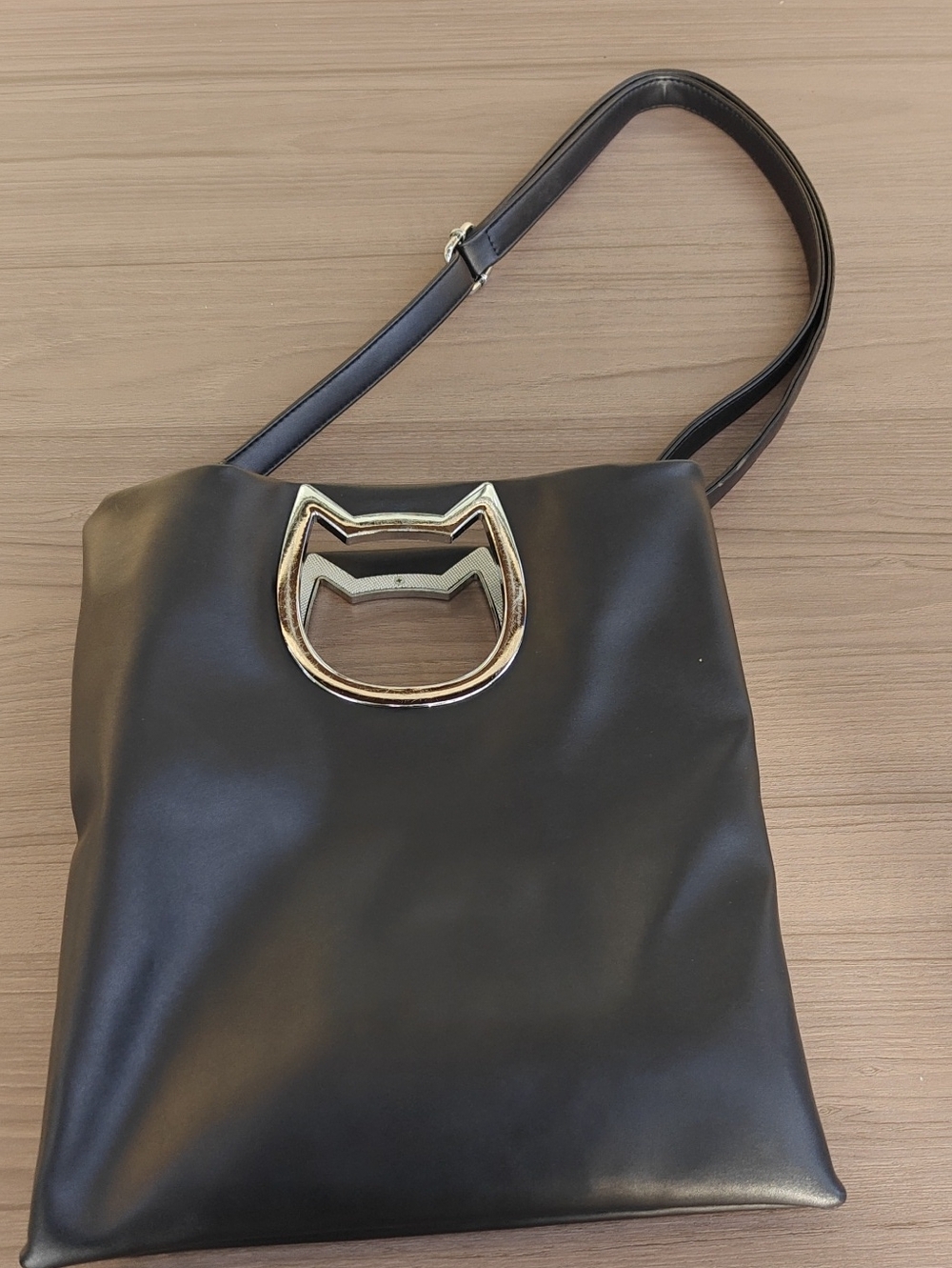 Black Shoulder Bag with Gold Cat-Handle - Women’s Chic Tote